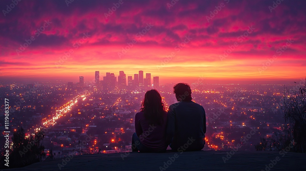 Couple Silhouetted Against Cityscape Sunset Couple Silhouetted Against Cityscape Sunset