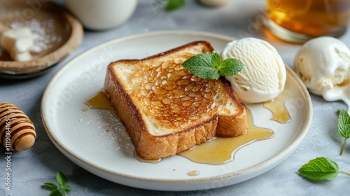 Delicious French Toast with Vanilla Ice Cream and Honey Drizzle