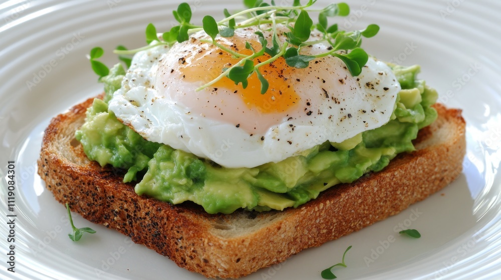 Delicious Avocado Toast with Fried Egg and Microgreens Garnish Delicious Avocado Toast with Fried Egg and Microgreens Garnish