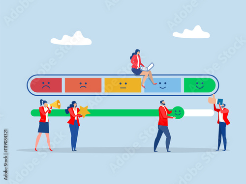 Employee engagement ,business people employee with stars and happy reward,commitment or motivation to success with company,job satisfaction, productivity or employee recognition