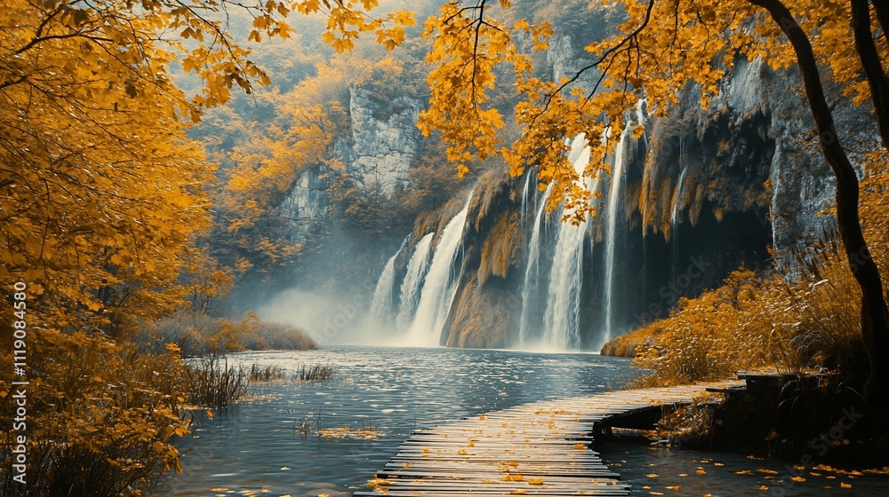 Serene autumn waterfall scene with wooden path. Serene autumn waterfall scene with wooden path.
