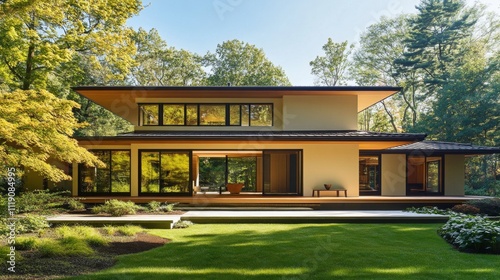 Modern minimalist house surrounded by lush greenery in daylight