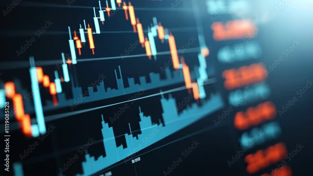 Close-up of a financial data chart displaying market trends, highlighting price fluctuations and trading volume in vibrant colors.