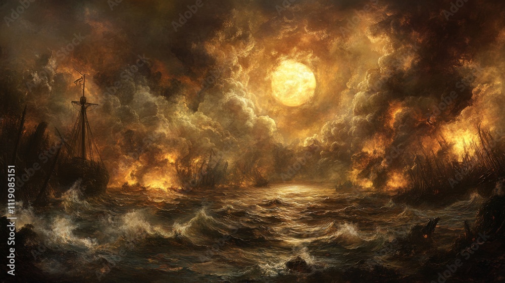 Dramatic Sunrise Over Turbulent Sea with Fiery Clouds and Ship Dramatic Sunrise Over Turbulent Sea with Fiery Clouds and Ship