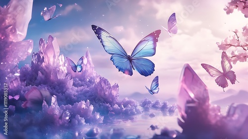 Dreamlike landscape with large blue butterflies flying over pastel purple crystal mountains and soft clouds.