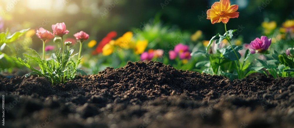 Close-up of rich soil in a garden with pink and yellow flowers blooming in the background, sunlight shining through. Close-up of rich soil in a garden with pink and yellow flowers blooming in the background, sunlight shining through.