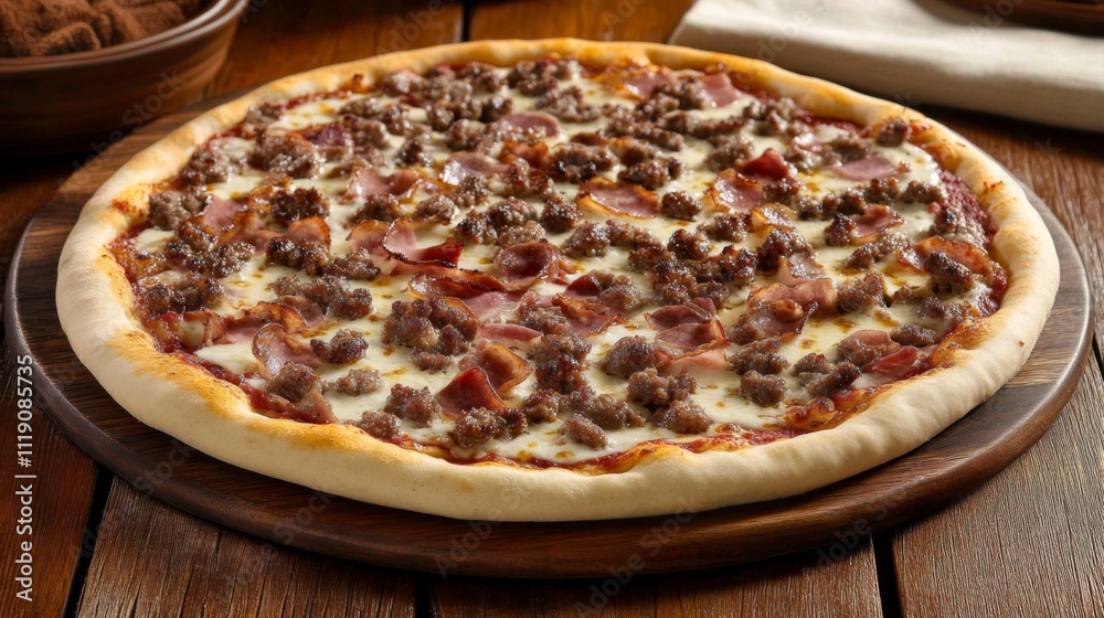 Savory Meat Pizza with Sausage and Bacon on Wooden Platter Savory Meat Pizza with Sausage and Bacon on Wooden Platter