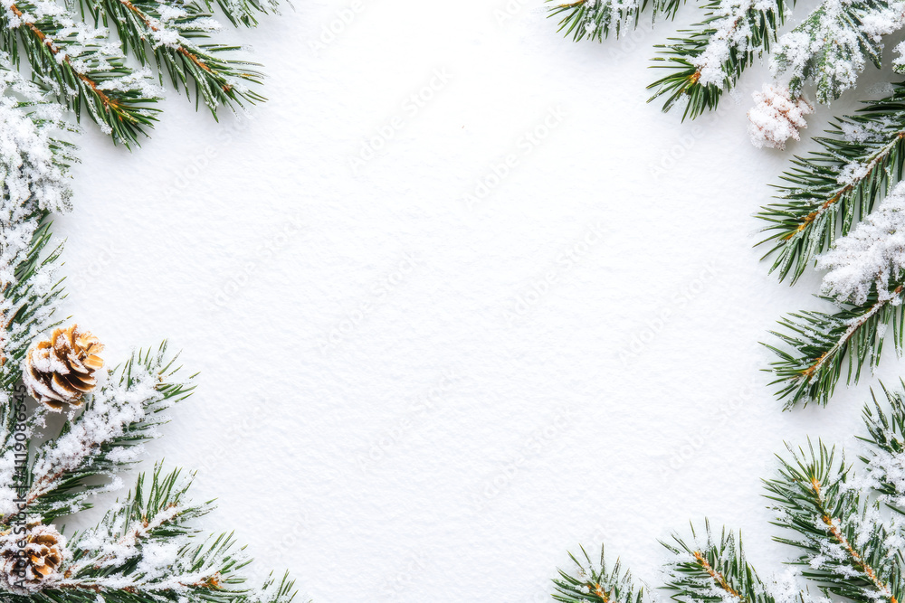 Frozen snowy border frame with christmas fir leaves on white theme background Frozen snowy border frame with christmas fir leaves on white theme background