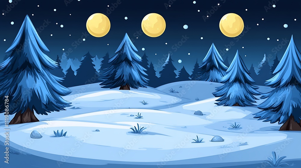 Nighttime Snowy Forest with Three Moons and Starry Sky Nighttime Snowy Forest with Three Moons and Starry Sky