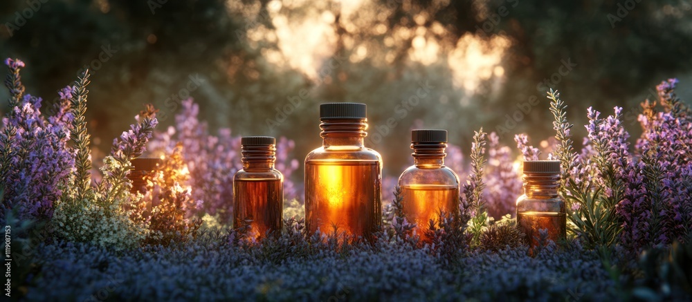 Four essential oil bottles sitting on a bed of purple lavender flowers.