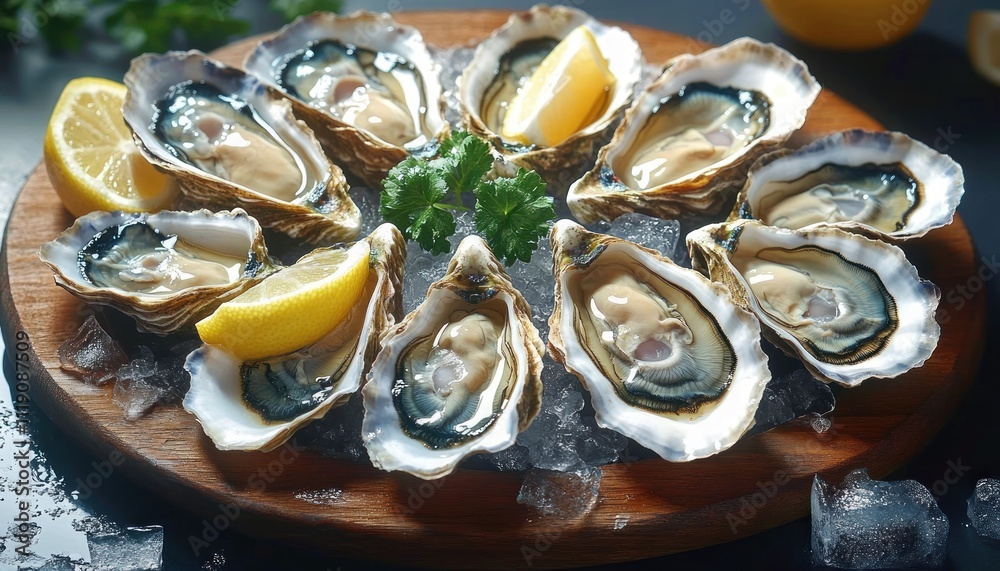 Oysters Fresh Seafood on Rustic Wooden Platter with Lemon and Ice Cubes Oysters Fresh Seafood on Rustic Wooden Platter with Lemon and Ice Cubes