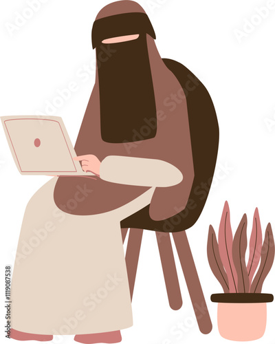 Muslimah niqabis work on laptop
