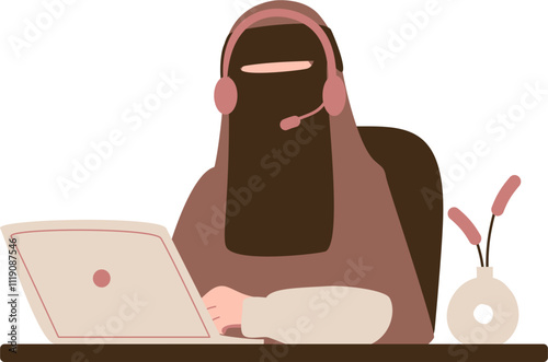 Muslimah niqabis work on laptop