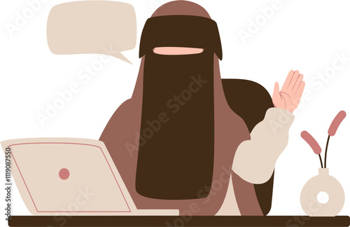 Muslimah niqabis work on laptop