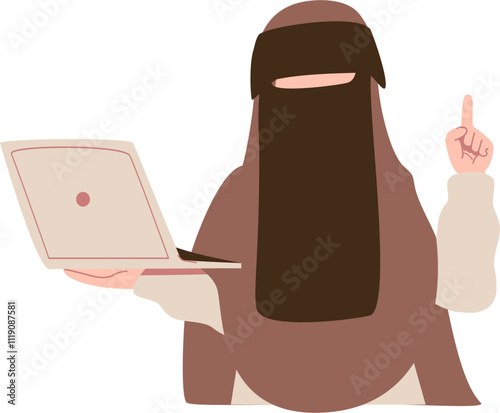Muslimah niqabis work on laptop