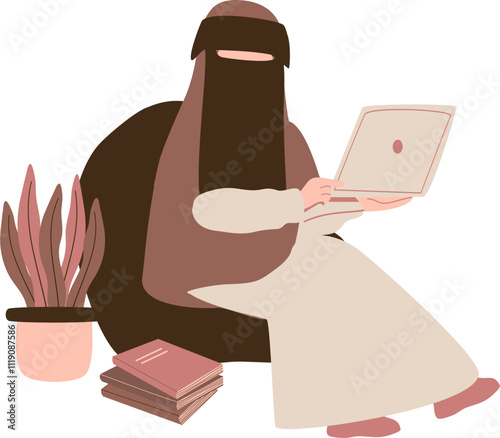 Muslimah niqabis work on laptop