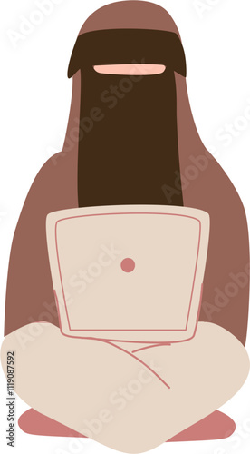 Muslimah niqabis work on laptop