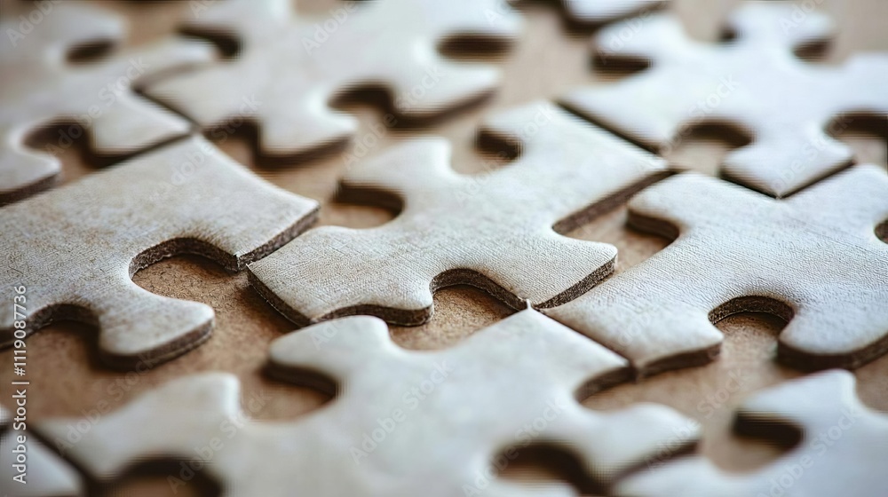 Close-up of puzzle pieces scattered on a brown surface, showcasing the texture and shape of each interlocking piece. Close-up of puzzle pieces scattered on a brown surface, showcasing the texture and shape of each interlocking piece.