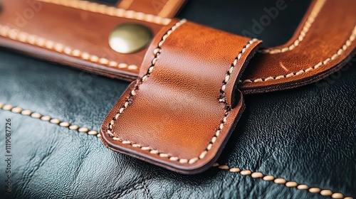 Close-up of a stylish leather strap showcasing quality craftsmanship and rich texture, perfect for fashion and accessory themes. photo