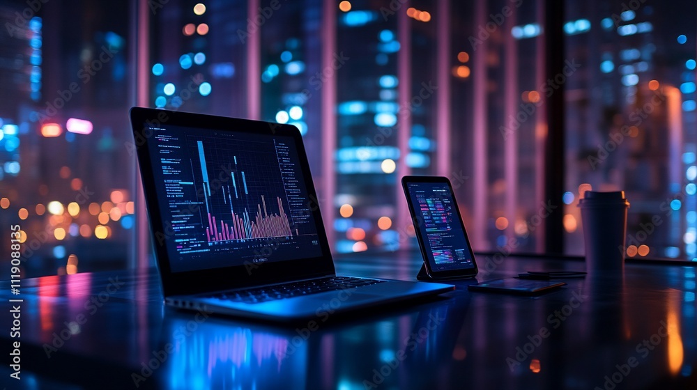Fototapeta premium Illuminated laptop and tablet displaying financial charts, city lights visible through window.