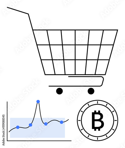 Shopping cart Bitcoin symbol line graph with dots. Ideal for e-commerce, cryptocurrency, market trends, financial analysis, digital currency, consumer behavior, investment growth. Line metaphor