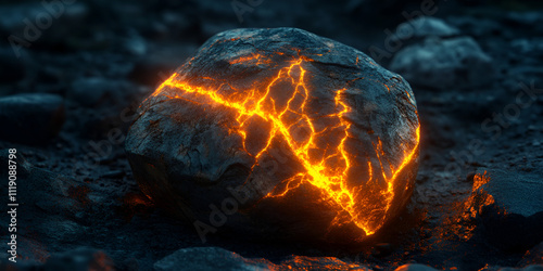 Molten Heart of Stone: A mesmerizing digital rendering of a dark rock imbued with vibrant, glowing orange veins of magma, creating a striking contrast of textures and light. The scene evokes mystery.