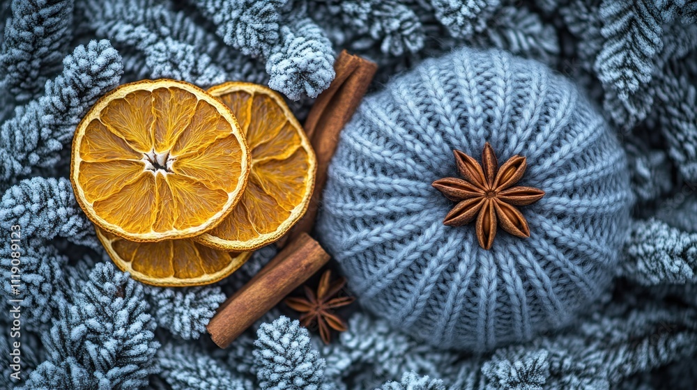 Cozy winter scene with knitted ball, dried oranges, cinnamon, and star anise on a fir branch background. Cozy winter scene with knitted ball, dried oranges, cinnamon, and star anise on a fir branch background.