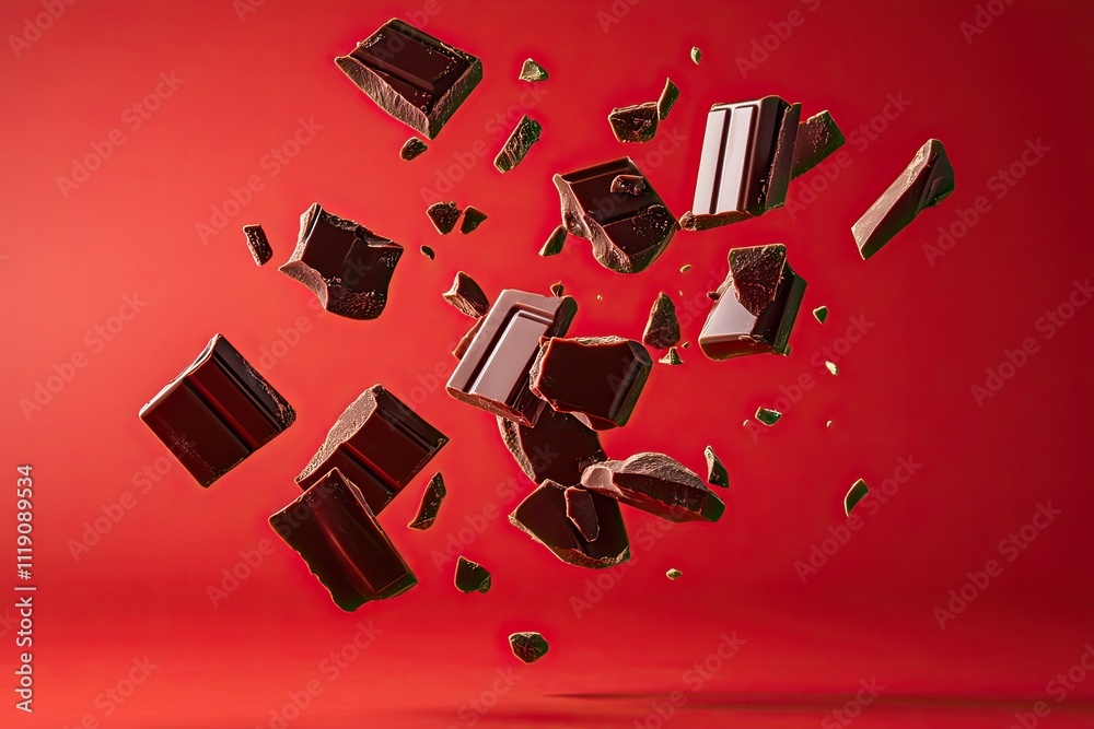 Chocolate pieces flying on red background isolated Chocolate pieces flying on red background isolated