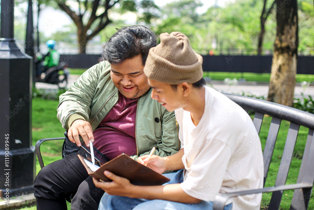 Two Asian Men Sitting on Bench Enjoying Their Time Together Outdoors
Two Asian Men Sitting on Bench Enjoying Their Time Together Outdoors