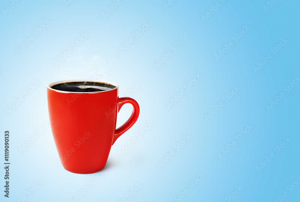 Obraz premium Red coffee cup on blue background.