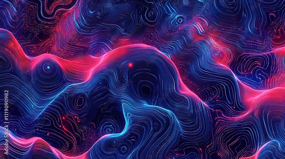 Abstract digital art with swirling red and blue lines creating a wave-like pattern on a dark background. Abstract digital art with swirling red and blue lines creating a wave-like pattern on a dark background.
