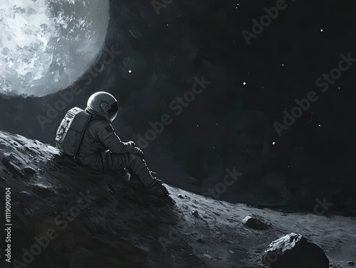 Solitary Astronaut Contemplates Celestial Sphere On Lunar Surface photo