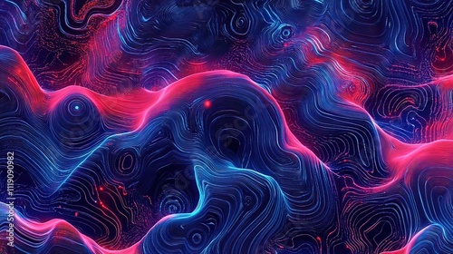 Abstract digital art with swirling red and blue lines creating a wave-like pattern on a dark background.