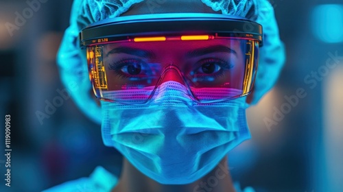 Close-up portrait of a female scientist wearing protective eyewear and mask in a lab.