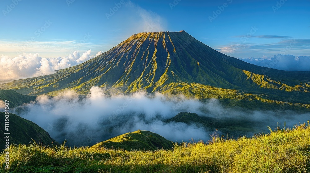 Fototapeta premium Majestic Volcano Rises Above Cloudscape At Dawn