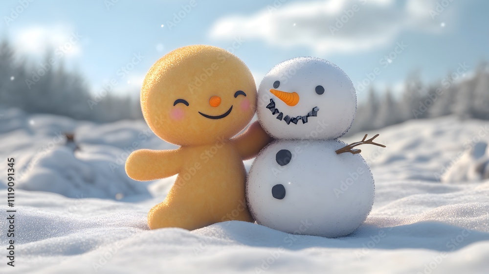 Snowman and gingerbread man, 3d, two dolls hugging each other Snowman and gingerbread man, 3d, two dolls hugging each other