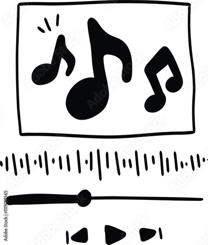 Hand drawn doodle audio player vertical template. Music player interface style buttoms, loading bar, sound wave sign, frame for album photo With illustration style doodle and line art