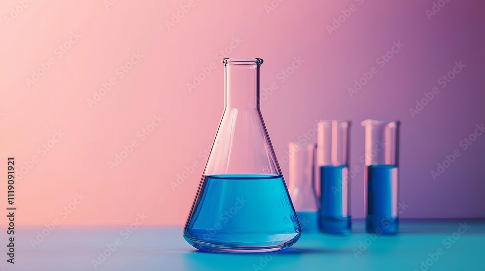 Colorful chemistry setup featuring a flask and test tubes filled with vibrant blue liquid against a modern pastel background. Colorful chemistry setup featuring a flask and test tubes filled with vibrant blue liquid against a modern pastel background.
