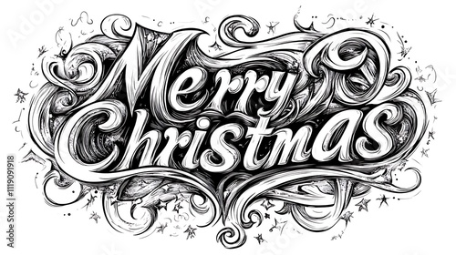 Artistic Merry Christmas Calligraphy Design With Swirls And Stars