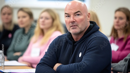Intense Focused Man in Cozy Sweater Surrounded by Engaged Audience