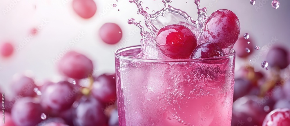 Close-up of a glass of pink grape juice with ice and grapes splashing into the glass. Close-up of a glass of pink grape juice with ice and grapes splashing into the glass.