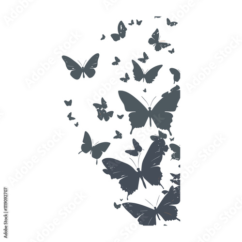 A butterfly silhouette and flower on a white background with a butterfly on it