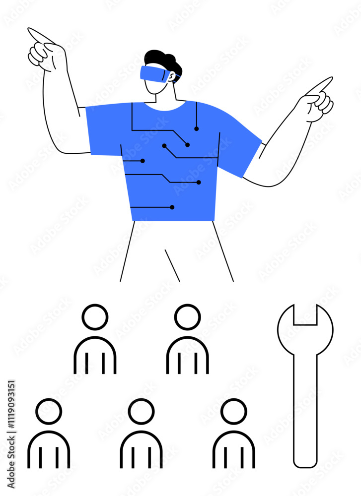 Man in VR headset, blue shirt with technology circuits, pointing above six human figures and a wrench. Ideal for technology, team leadership, virtual reality, innovation, workforce, tools Man in VR headset, blue shirt with technology circuits, pointing above six human figures and a wrench. Ideal for technology, team leadership, virtual reality, innovation, workforce, tools