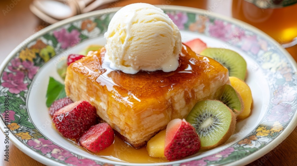 Delicious Dessert with Ice Cream and Fresh Fruits on a Plate Delicious Dessert with Ice Cream and Fresh Fruits on a Plate