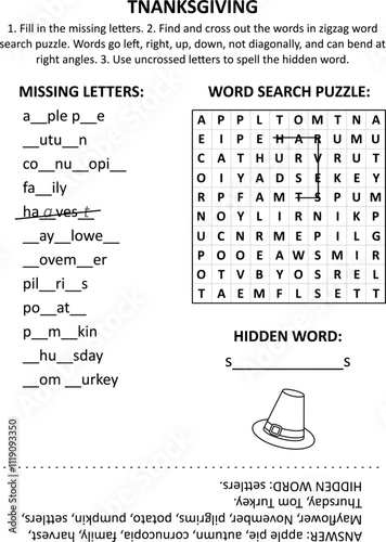 Educational word game, topic "Thanksgiving". Missing letters. Word search puzzle. Hidden word. Vocabulary stretching.
