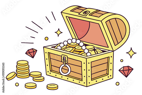 an open treasure chest filled with gold coins, pearls H