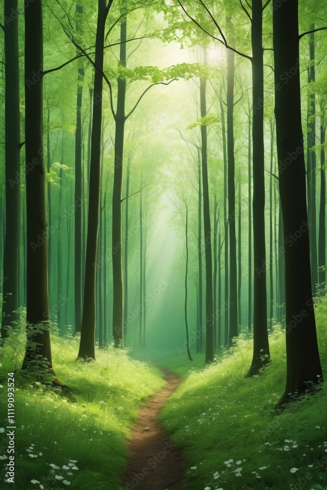 Naklejka premium a close up of a path in a forest with trees