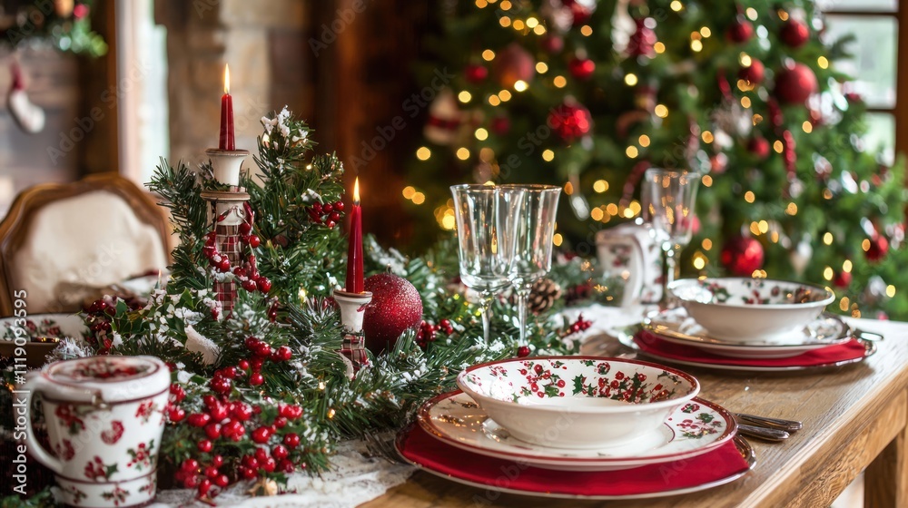 A festive Christmas dinner scene with a decorated table, holiday dishes, and a beautifully adorned tree in the background A festive Christmas dinner scene with a decorated table, holiday dishes, and a beautifully adorned tree in the background