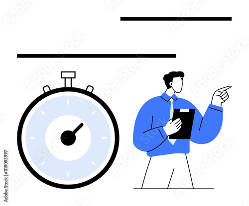 Businessman holding clipboard and pointing beside a large stopwatch with minute marks. Ideal for time management, productivity, deadlines, efficiency, punctuality, project planning, task