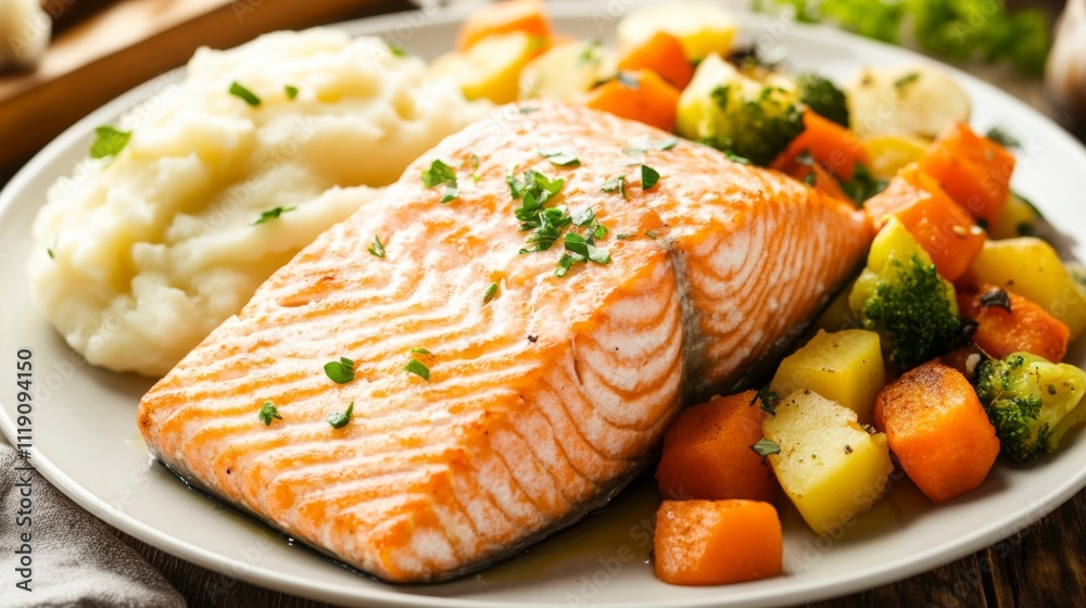 Fresh Grilled Salmon with Mashed Potatoes and Colorful Vegetables
